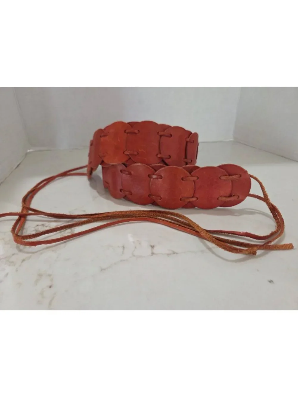 Vtg Fossil Genuine Leather Linked Disc Belt Sz L Boho Western Tie‎ Closure Brown